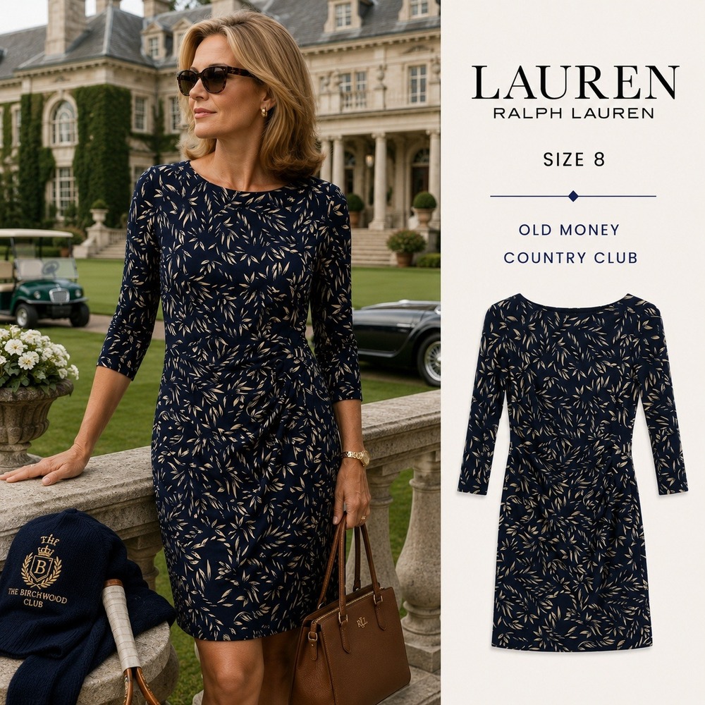 Lauren Ralph Lauren Black Label Sheath LS Dress Womens 8 Navy Blue Leaf Ruched